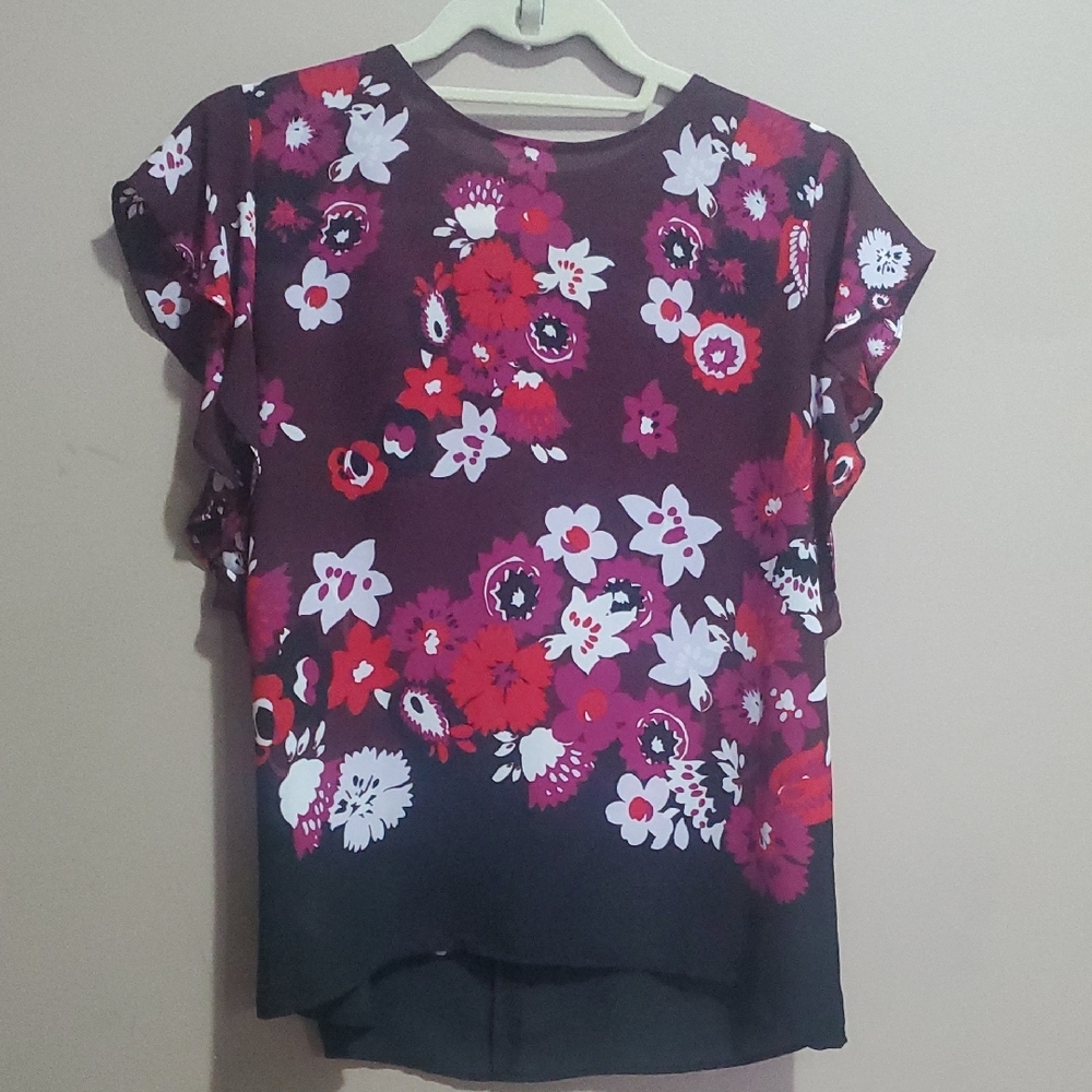 Ann Taylor Floral Blouse - Burgundy and Pink Size Small